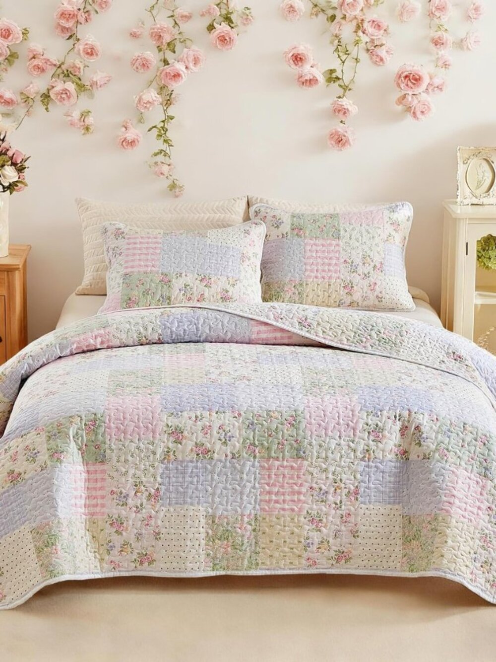 3 Pieces Queen Size Floral Cotton Quilt Set for Girls, Colorful Flowers Grids